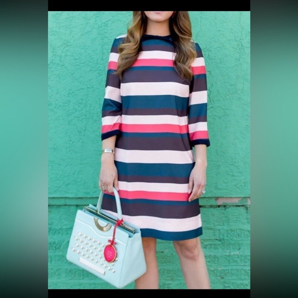 Ted Baker Yakira Striped Shift Dress – Sz S Mod Colorblock 3/4 Sleeve Mini Dress